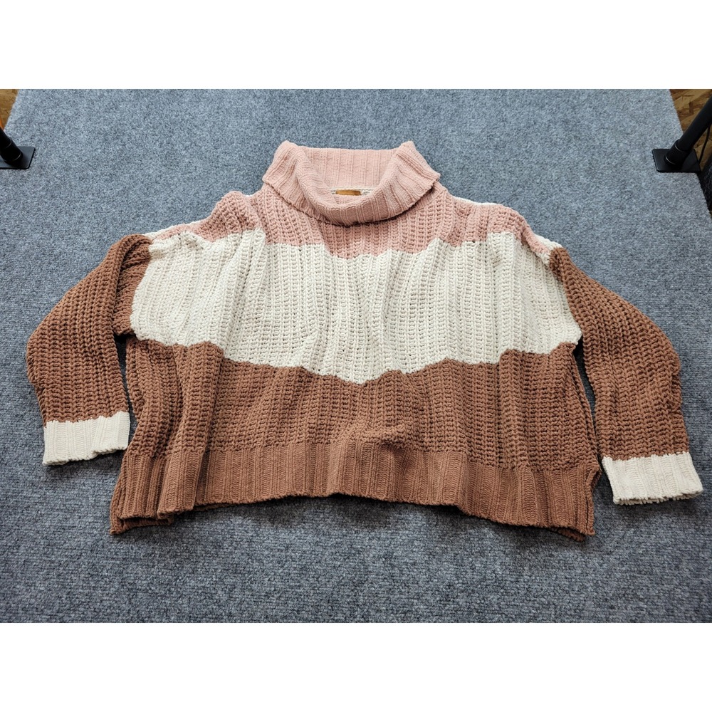 POL Colorblock Chenille Turtleneck Sweater Oversized Brown Pink Cream JST393C